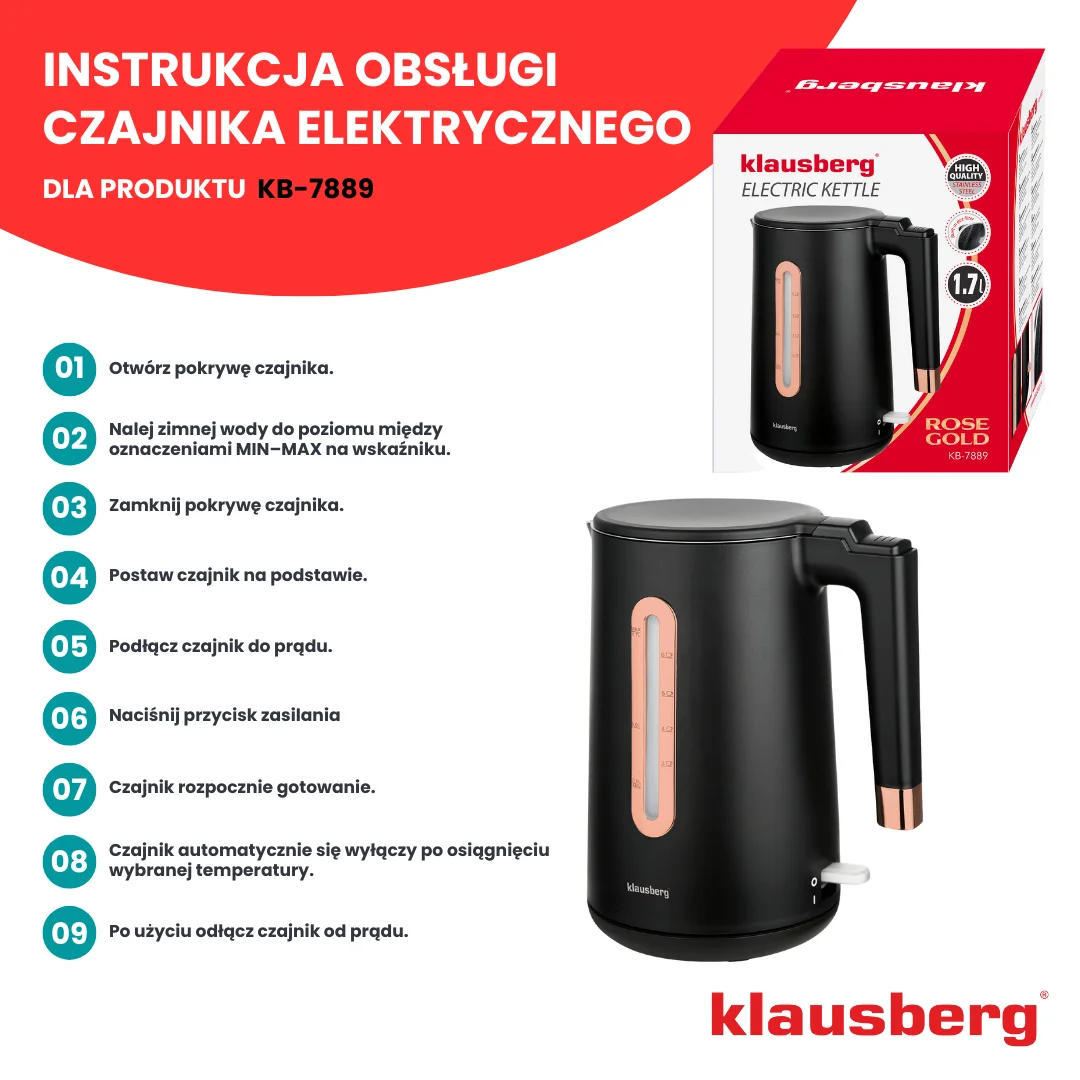 Czajnik elektryczny, stal nierdzewna, kolor czarny/różowe złoto, 1,7L, 1850-2200W, Klausberg, KB-7889 — zdjęcie 7