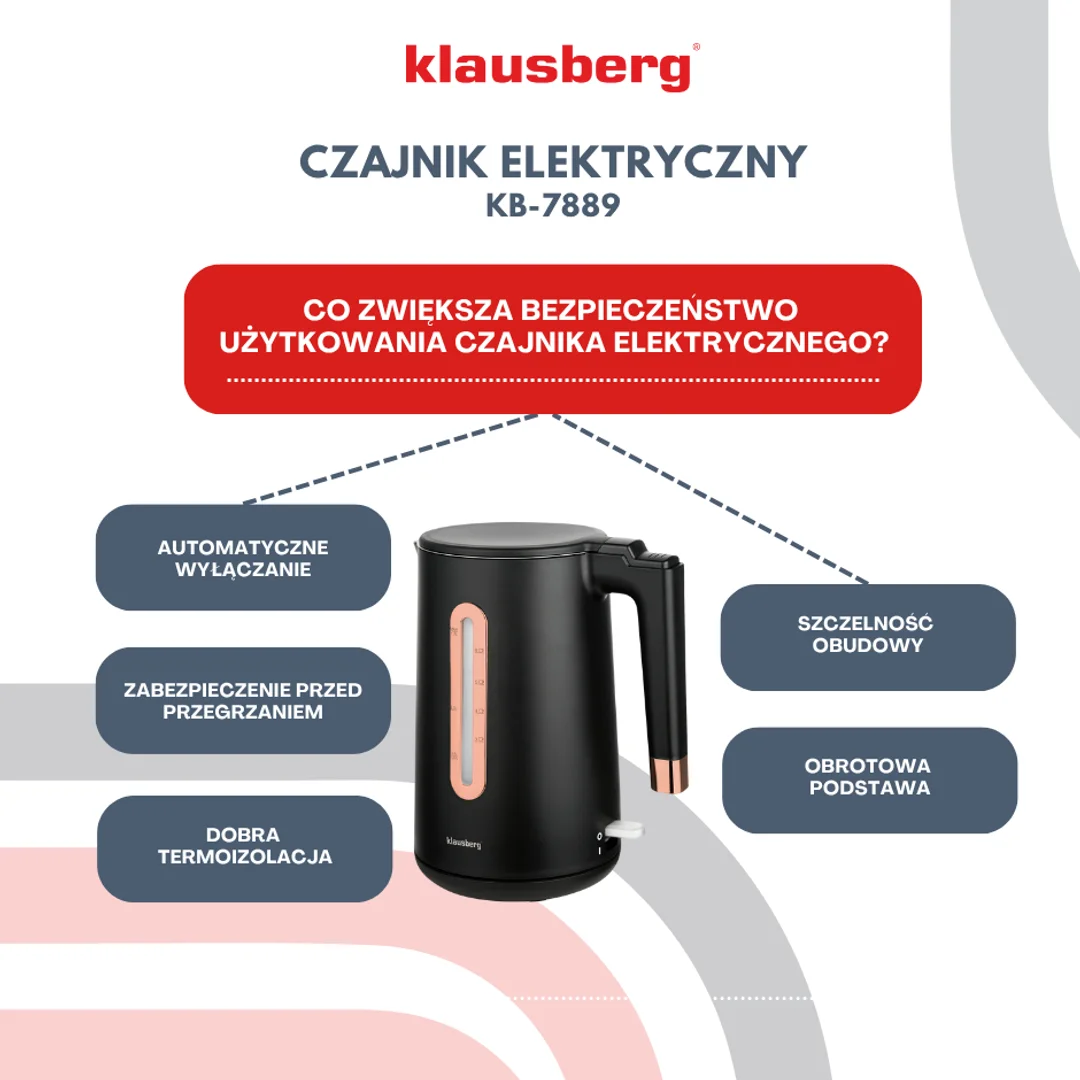 Czajnik elektryczny, stal nierdzewna, kolor czarny/różowe złoto, 1,7L, 1850-2200W, Klausberg, KB-7889 — zdjęcie 9