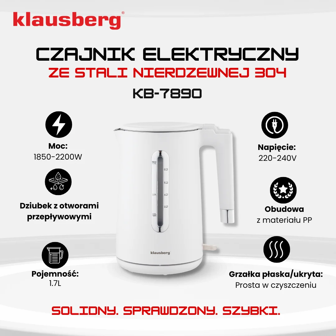 Czajnik elektryczny, stal nierdzewna, obrotowa podstawa, biały, 1,7L, 1850-2200W, Klausberg, KB-7890 — zdjęcie 3