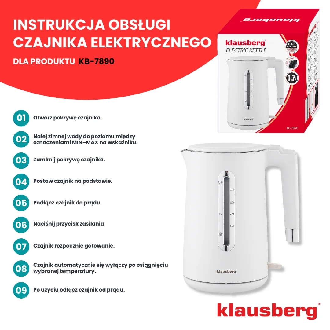 Czajnik elektryczny, stal nierdzewna, obrotowa podstawa, biały, 1,7L, 1850-2200W, Klausberg, KB-7890 — zdjęcie 15