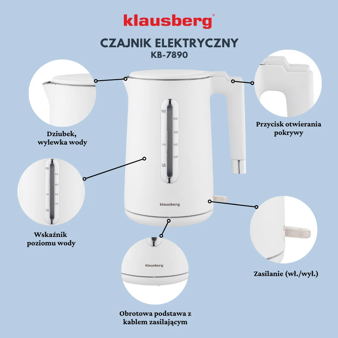 Czajnik elektryczny, stal nierdzewna, obrotowa podstawa, biały, 1,7L, 1850-2200W, Klausberg, KB-7890 — zdjęcie 5