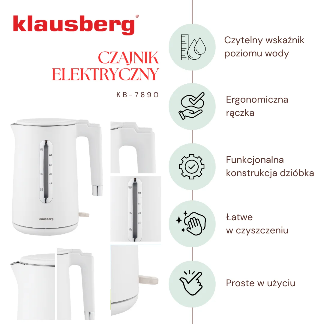 Czajnik elektryczny, stal nierdzewna, obrotowa podstawa, biały, 1,7L, 1850-2200W, Klausberg, KB-7890 — zdjęcie 10