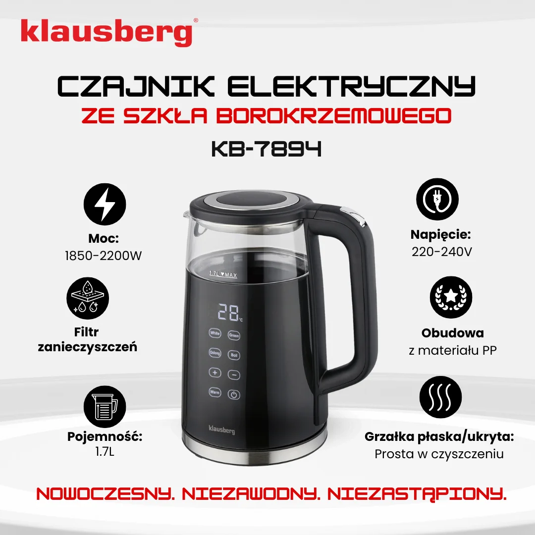 Czajnik elektryczny, szkło borokrzemowe, panel LED, czarny, 1l, 1850-2200W, Klausberg, KB-7894 — zdjęcie 4