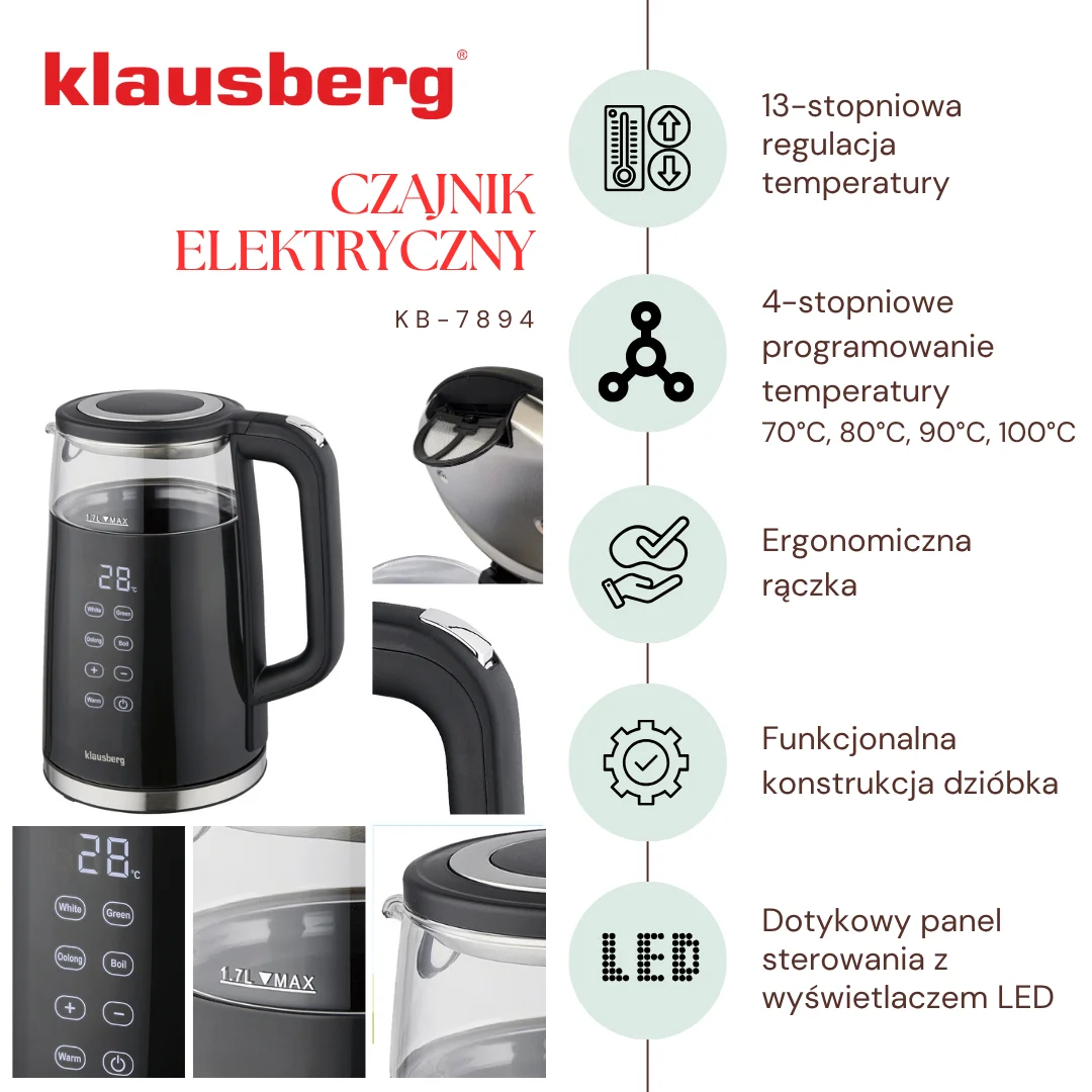 Czajnik elektryczny, szkło borokrzemowe, panel LED, czarny, 1l, 1850-2200W, Klausberg, KB-7894 — zdjęcie 6