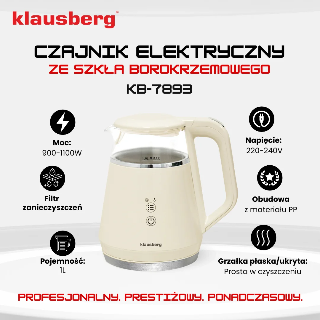 Czajnik elektryczny, szkło borokrzemowe, panel LED, kremowy, 1l, 900-1100W, Klausberg, KB-7893 — zdjęcie 12