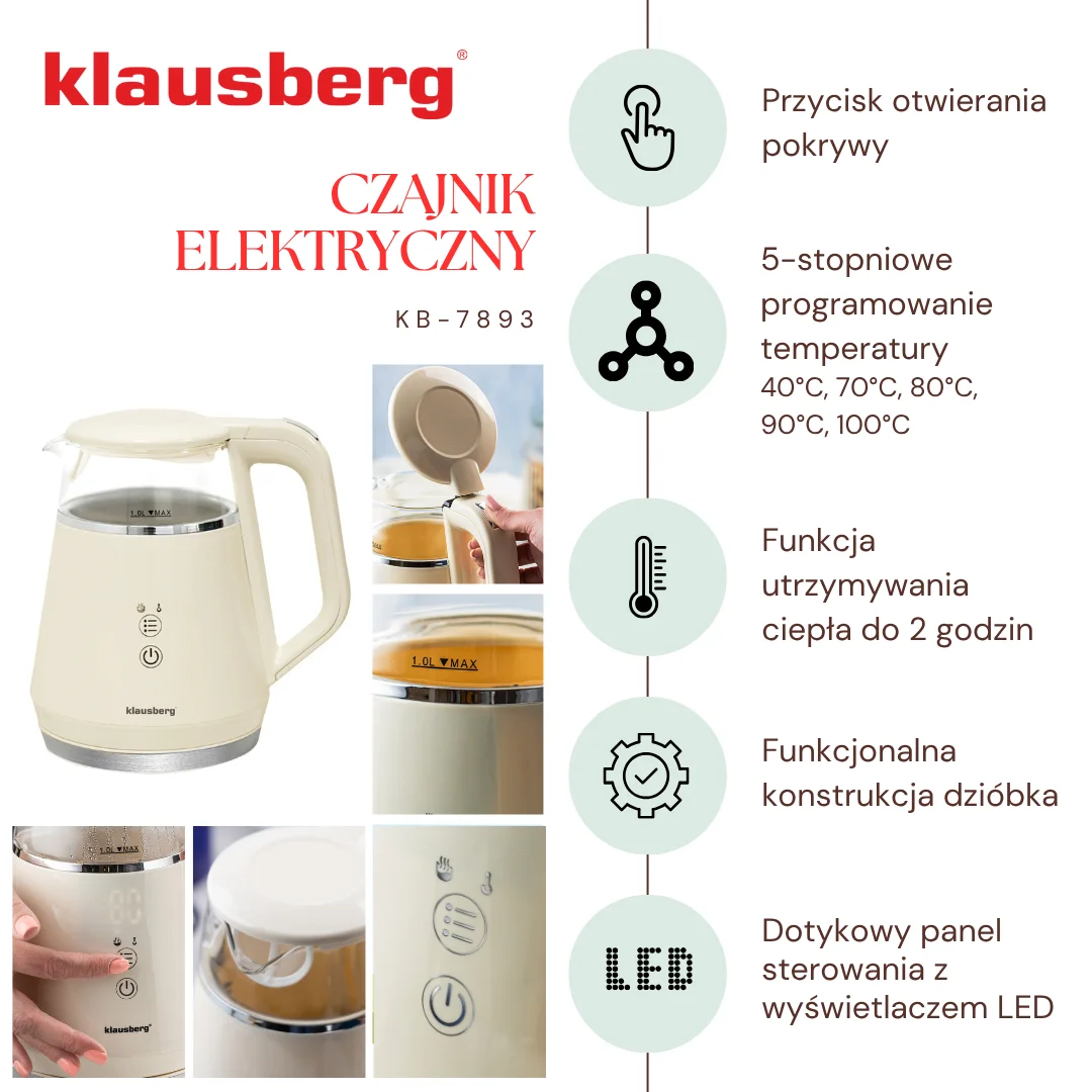 Czajnik elektryczny, szkło borokrzemowe, panel LED, kremowy, 1l, 900-1100W, Klausberg, KB-7893 — zdjęcie 7