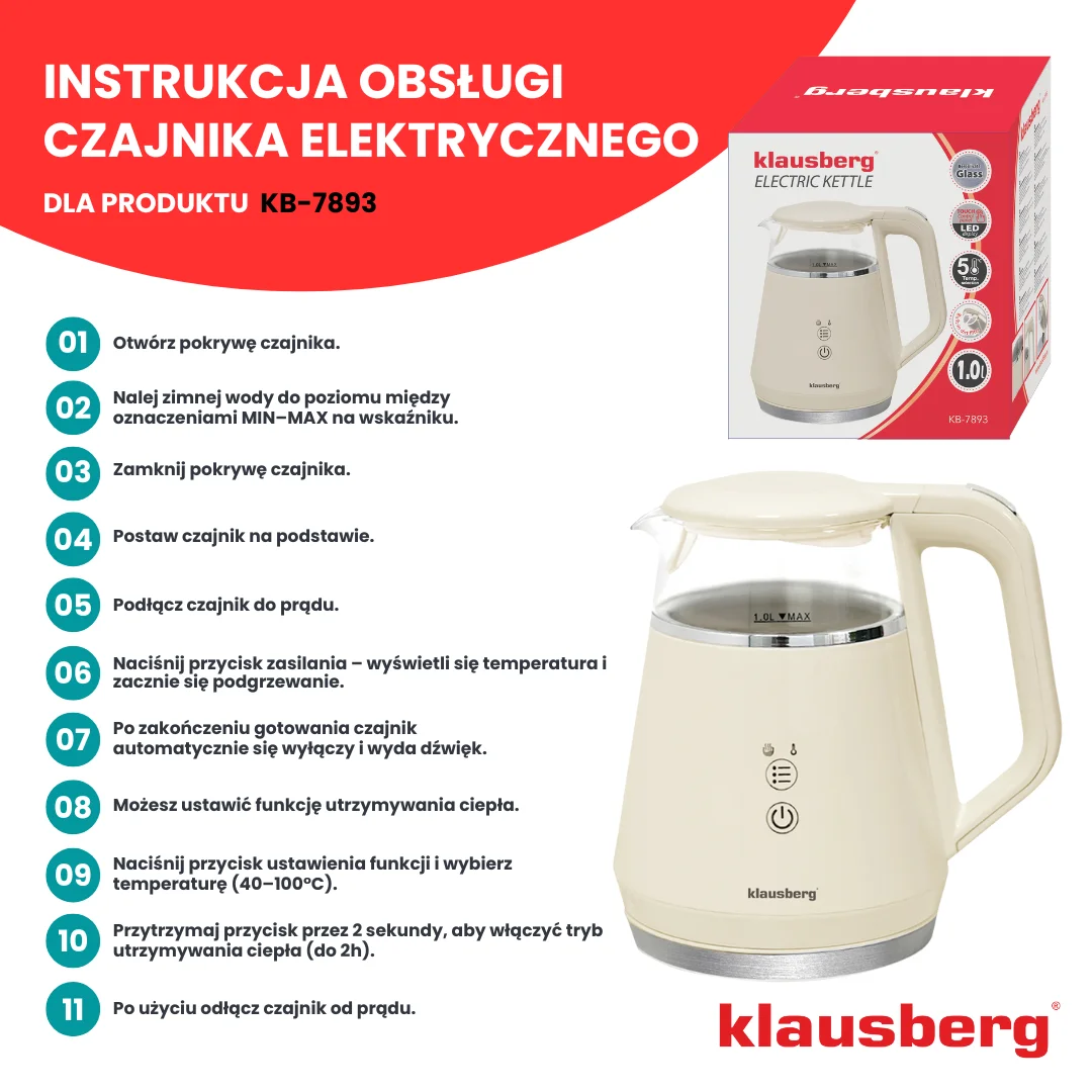 Czajnik elektryczny, szkło borokrzemowe, panel LED, kremowy, 1l, 900-1100W, Klausberg, KB-7893 — zdjęcie 10
