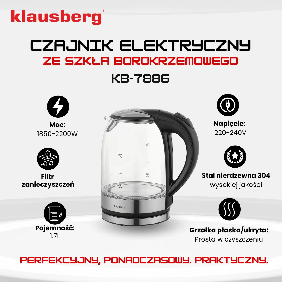 Czajnik elektryczny, szkło borokrzemowe, stal nierdzewna 304, podświetlenie LED, 1,7l, 1800W, Klausberg, KB-7886 — zdjęcie 3