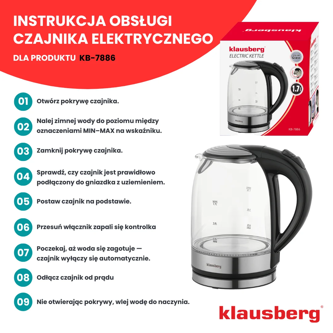 Czajnik elektryczny, szkło borokrzemowe, stal nierdzewna 304, podświetlenie LED, 1,7l, 1800W, Klausberg, KB-7886 — zdjęcie 13