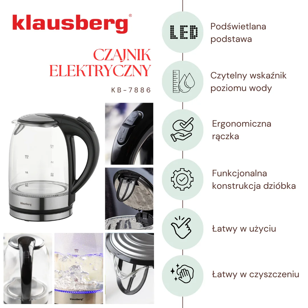 Czajnik elektryczny, szkło borokrzemowe, stal nierdzewna 304, podświetlenie LED, 1,7l, 1800W, Klausberg, KB-7886 — zdjęcie 6