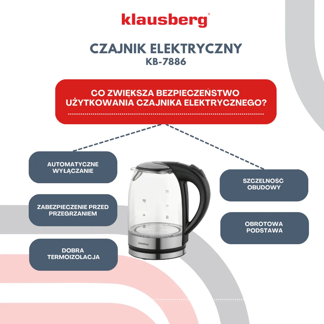 Czajnik elektryczny, szkło borokrzemowe, stal nierdzewna 304, podświetlenie LED, 1,7l, 1800W, Klausberg, KB-7886 — zdjęcie 8