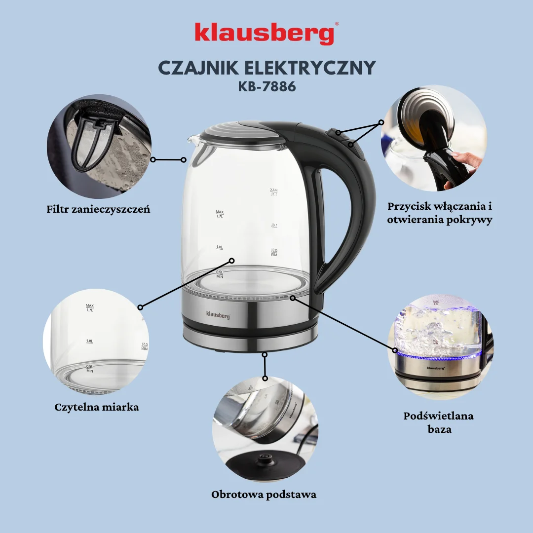 Czajnik elektryczny, szkło borokrzemowe, stal nierdzewna 304, podświetlenie LED, 1,7l, 1800W, Klausberg, KB-7886 — zdjęcie 11