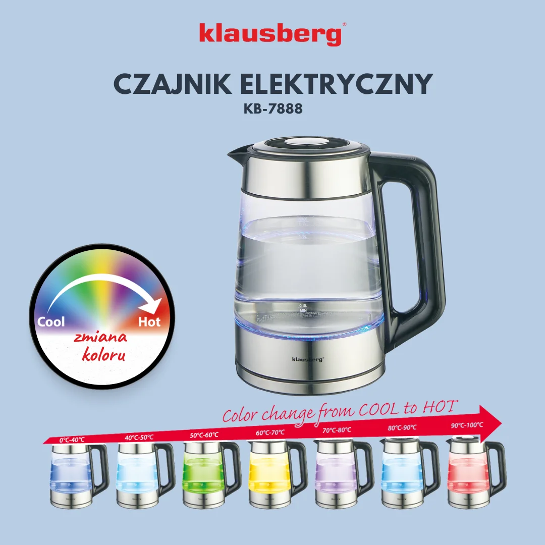 Czajnik elektryczny, szkło borokrzemowe, stal nierdzewna 304, podświetlenie LED, 1,7l, 1850-2200W, Klausberg, KB-7888 — zdjęcie 3