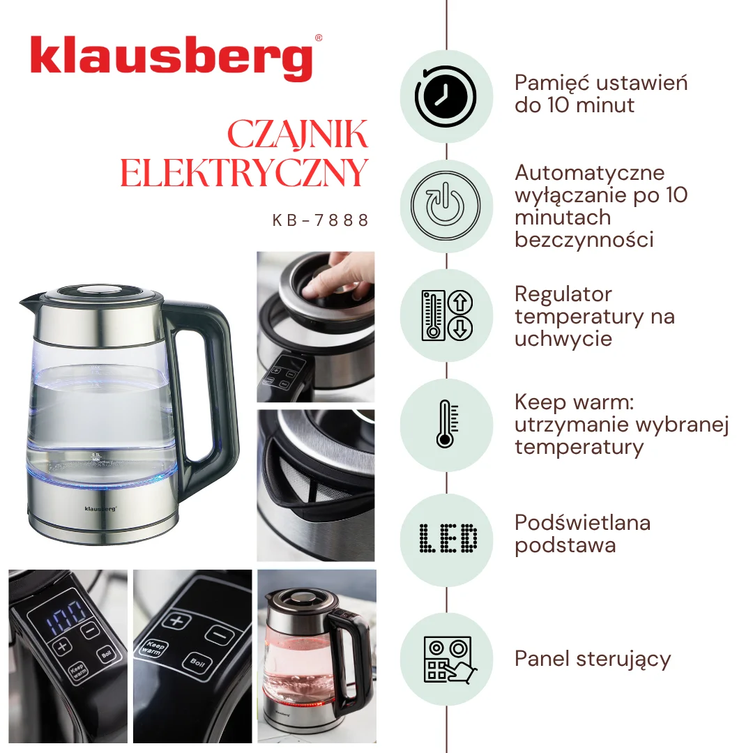 Czajnik elektryczny, szkło borokrzemowe, stal nierdzewna 304, podświetlenie LED, 1,7l, 1850-2200W, Klausberg, KB-7888 — zdjęcie 12