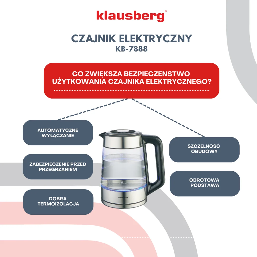 Czajnik elektryczny, szkło borokrzemowe, stal nierdzewna 304, podświetlenie LED, 1,7l, 1850-2200W, Klausberg, KB-7888 — zdjęcie 14