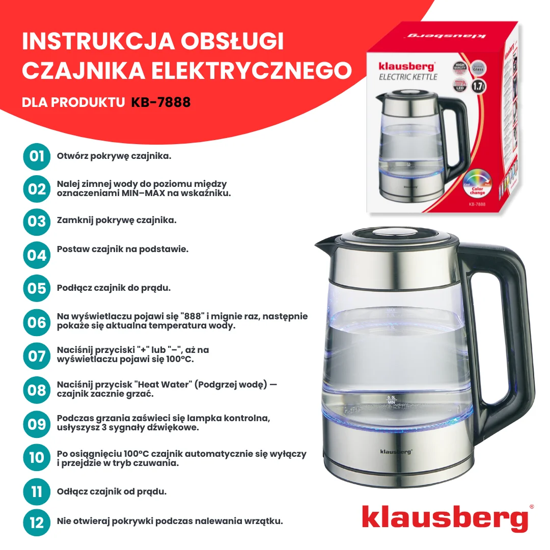 Czajnik elektryczny, szkło borokrzemowe, stal nierdzewna 304, podświetlenie LED, 1,7l, 1850-2200W, Klausberg, KB-7888 — zdjęcie 7