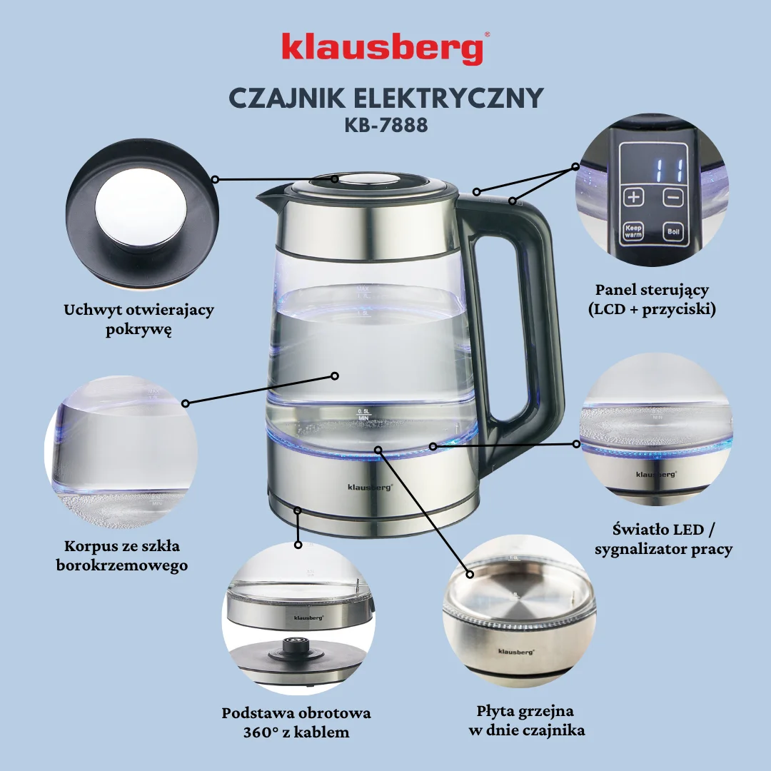 Czajnik elektryczny, szkło borokrzemowe, stal nierdzewna 304, podświetlenie LED, 1,7l, 1850-2200W, Klausberg, KB-7888 — zdjęcie 9
