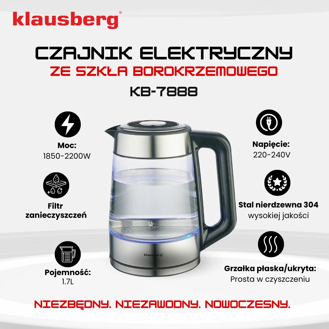 Czajnik elektryczny, szkło borokrzemowe, stal nierdzewna 304, podświetlenie LED, 1,7l, 1850-2200W, Klausberg, KB-7888 — zdjęcie 10
