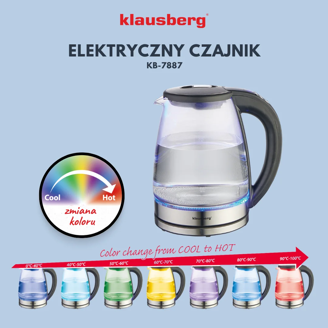 Czajnik elektryczny, szkło borokrzemowe, stal nierdzewna 304, podświetlenie LED, 1,8l, 1850-2200W, Klausberg, KB-7887 — zdjęcie 3