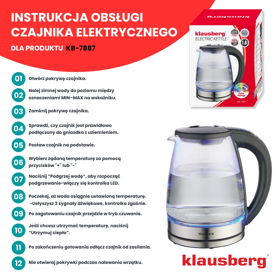 Czajnik elektryczny, szkło borokrzemowe, stal nierdzewna 304, podświetlenie LED, 1,8l, 1850-2200W, Klausberg, KB-7887 — zdjęcie 13