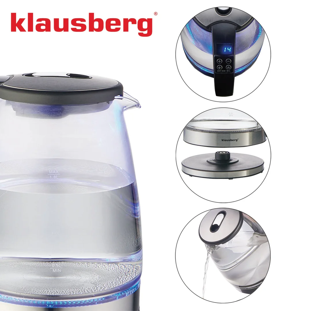 Czajnik elektryczny, szkło borokrzemowe, stal nierdzewna 304, podświetlenie LED, 1,8l, 1850-2200W, Klausberg, KB-7887 — zdjęcie 14