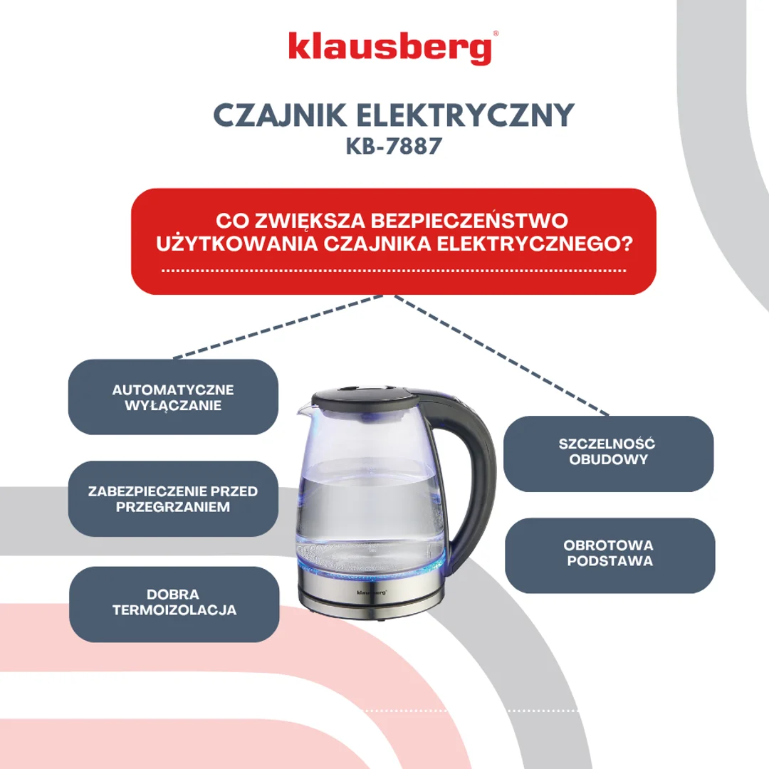 Czajnik elektryczny, szkło borokrzemowe, stal nierdzewna 304, podświetlenie LED, 1,8l, 1850-2200W, Klausberg, KB-7887 — zdjęcie 5