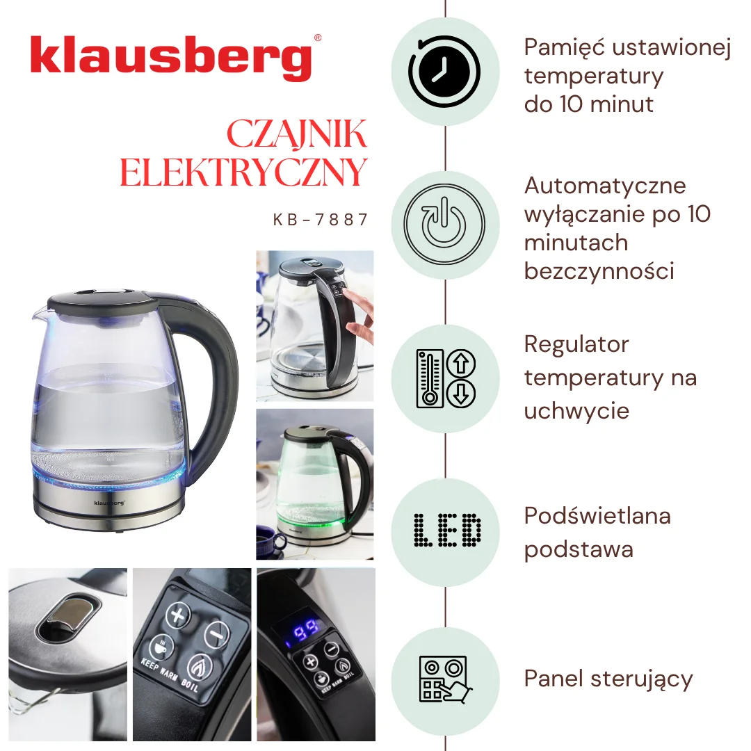Czajnik elektryczny, szkło borokrzemowe, stal nierdzewna 304, podświetlenie LED, 1,8l, 1850-2200W, Klausberg, KB-7887 — zdjęcie 6