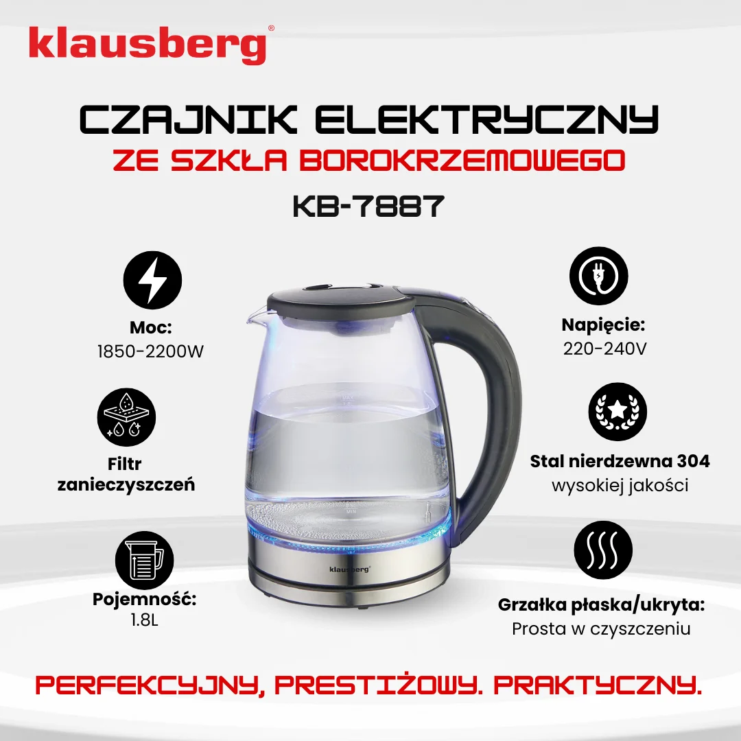 Czajnik elektryczny, szkło borokrzemowe, stal nierdzewna 304, podświetlenie LED, 1,8l, 1850-2200W, Klausberg, KB-7887 — zdjęcie 8