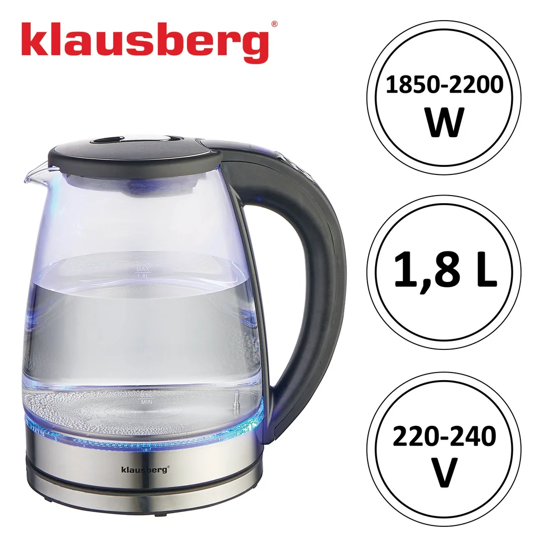 Czajnik elektryczny, szkło borokrzemowe, stal nierdzewna 304, podświetlenie LED, 1,8l, 1850-2200W, Klausberg, KB-7887 — zdjęcie 10