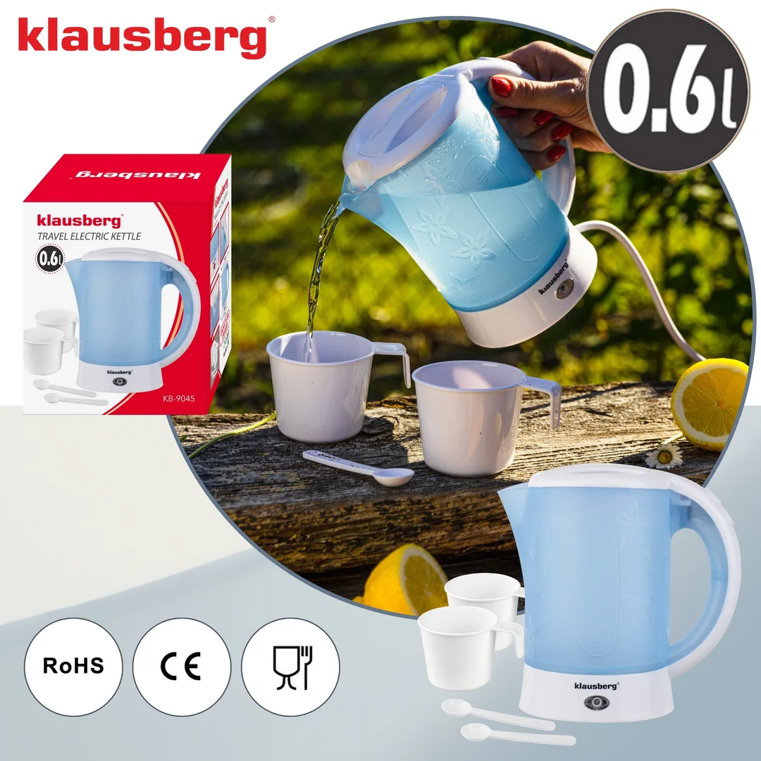Czajnik elektryczny, turystyczny, 0,6L, 2 kubki + 2 łyżeczki, Klausberg — zdjęcie 3