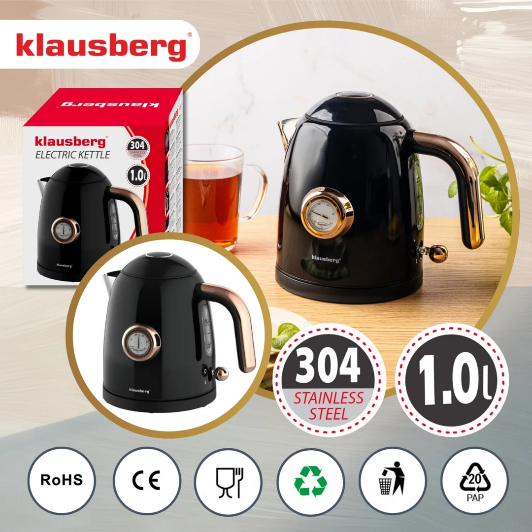 Czajnik elektryczny z termometrem, stal nierdzewna, czarny, 1,0l, 1200W, Klausberg, KB-9017 — zdjęcie 3
