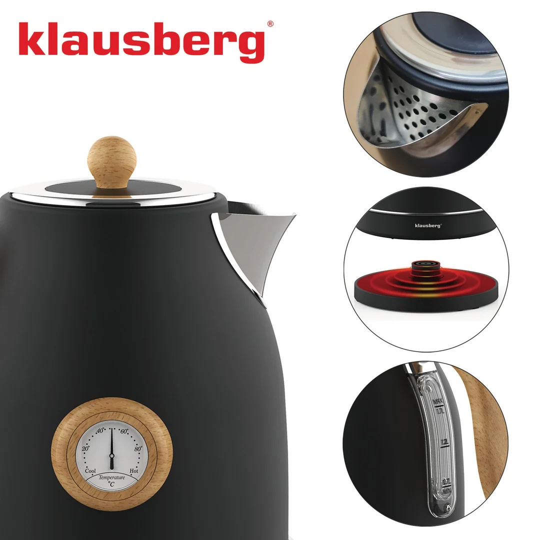 Czajnik elektryczny z termometrem, stal nierdzewna, czarny, 1,7l, 1850-2200W, Klausberg, KB-7907 — zdjęcie 12