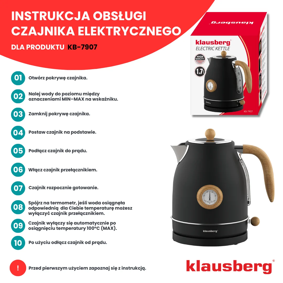 Czajnik elektryczny z termometrem, stal nierdzewna, czarny, 1,7l, 1850-2200W, Klausberg, KB-7907 — zdjęcie 4