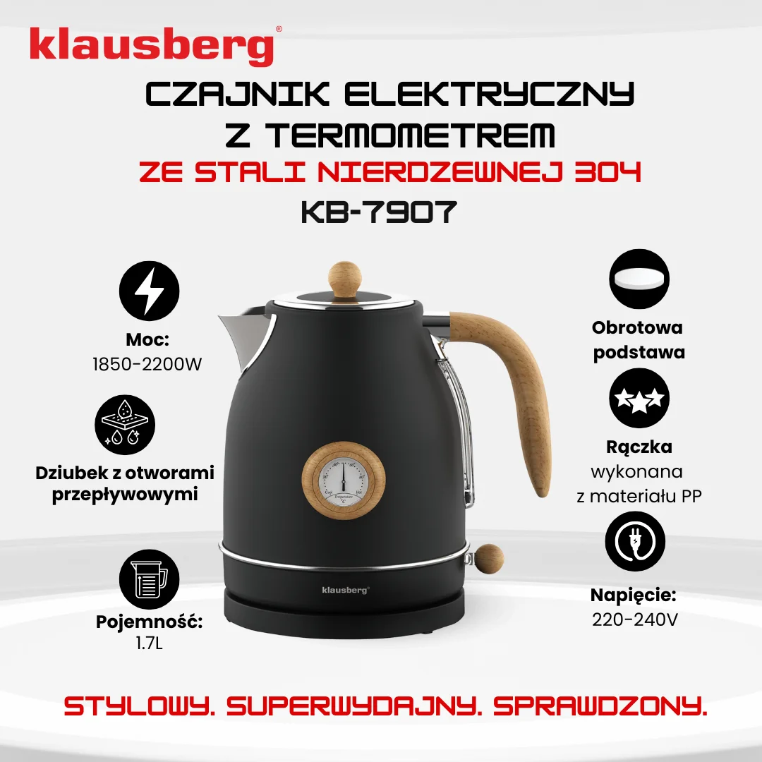 Czajnik elektryczny z termometrem, stal nierdzewna, czarny, 1,7l, 1850-2200W, Klausberg, KB-7907 — zdjęcie 8