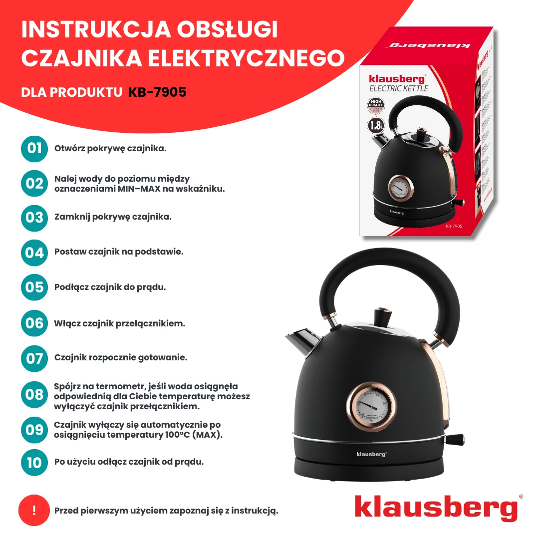 Czajnik elektryczny z termometrem, stal nierdzewna, czarny/rose gold 1,8l, 1850-2200W, Klausberg, KB-7905 — zdjęcie 2