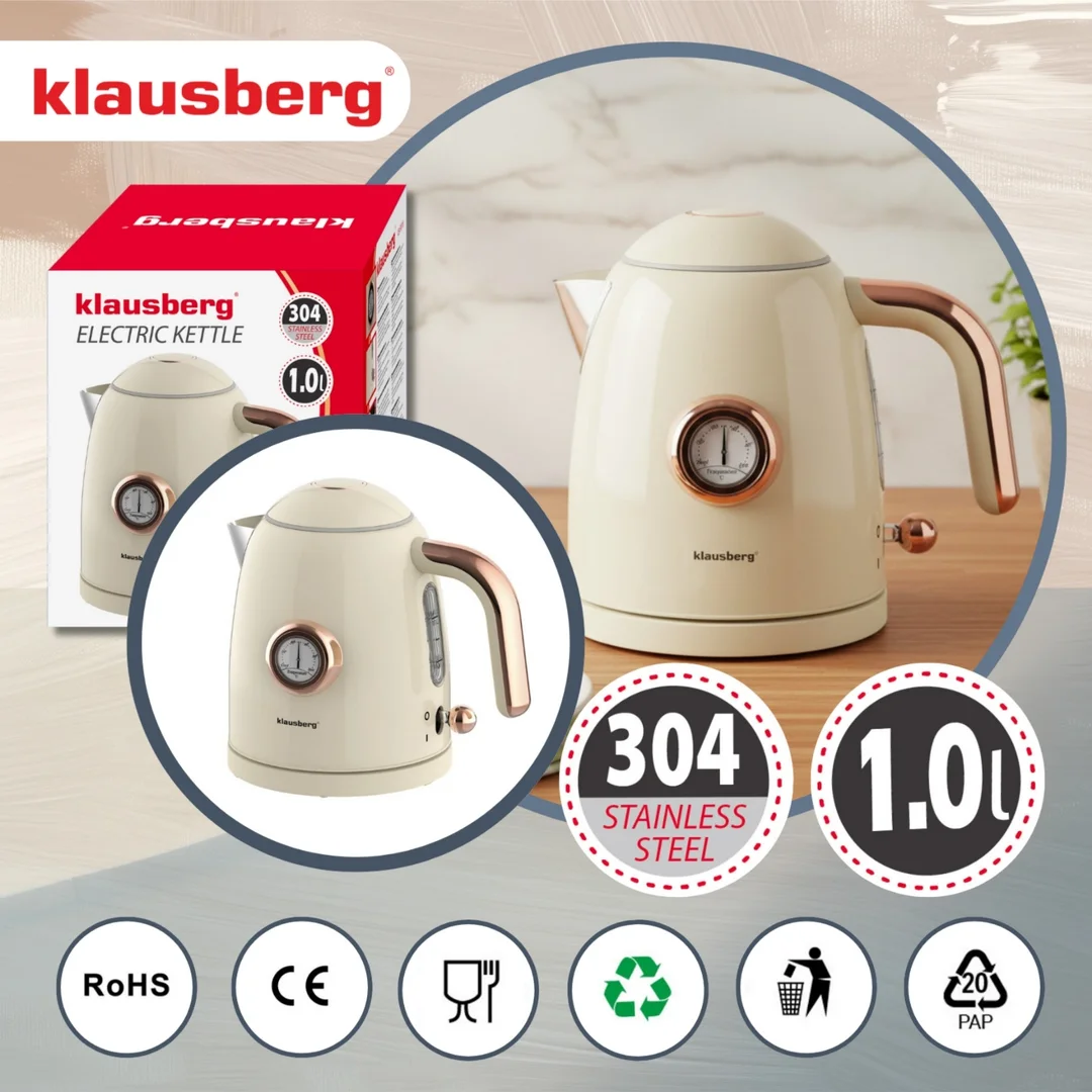 Czajnik elektryczny z termometrem, stal nierdzewna, kremowy, 1,0l, 1200W, Klausberg, KB-9018 — zdjęcie 3
