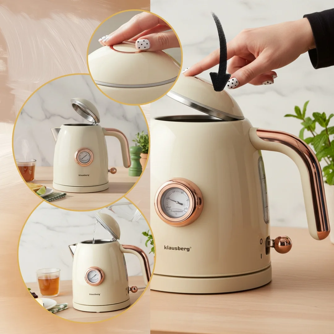 Czajnik elektryczny z termometrem, stal nierdzewna, kremowy, 1,0l, 1200W, Klausberg, KB-9018 — zdjęcie 8
