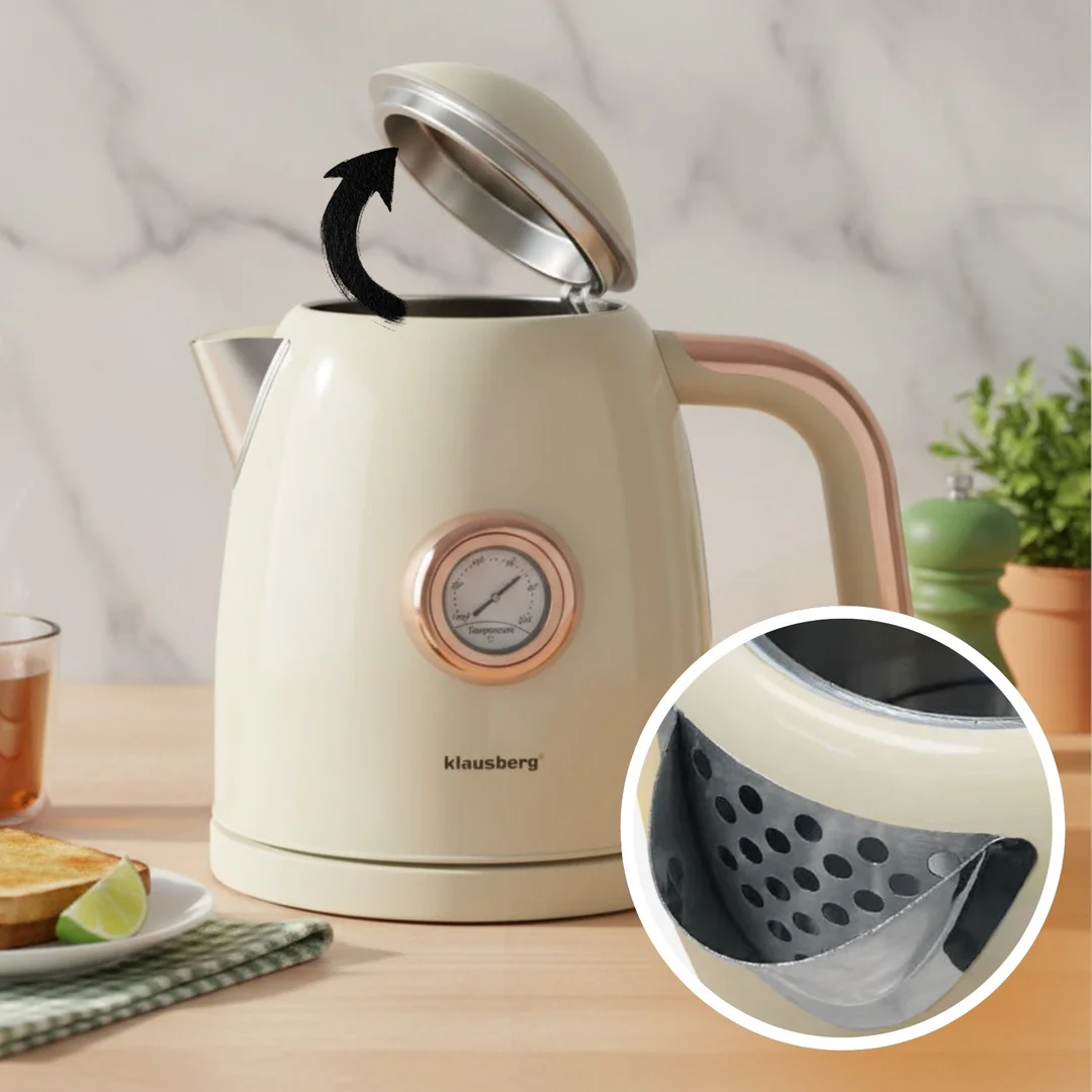 Czajnik elektryczny z termometrem, stal nierdzewna, kremowy, 1,0l, 1200W, Klausberg, KB-9018 — zdjęcie 9