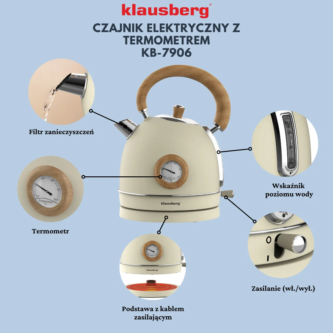 Czajnik elektryczny z termometrem, stal nierdzewna, kremowy, 1,8l, 1850-2200W, Klausberg, KB-7906 — zdjęcie 4
