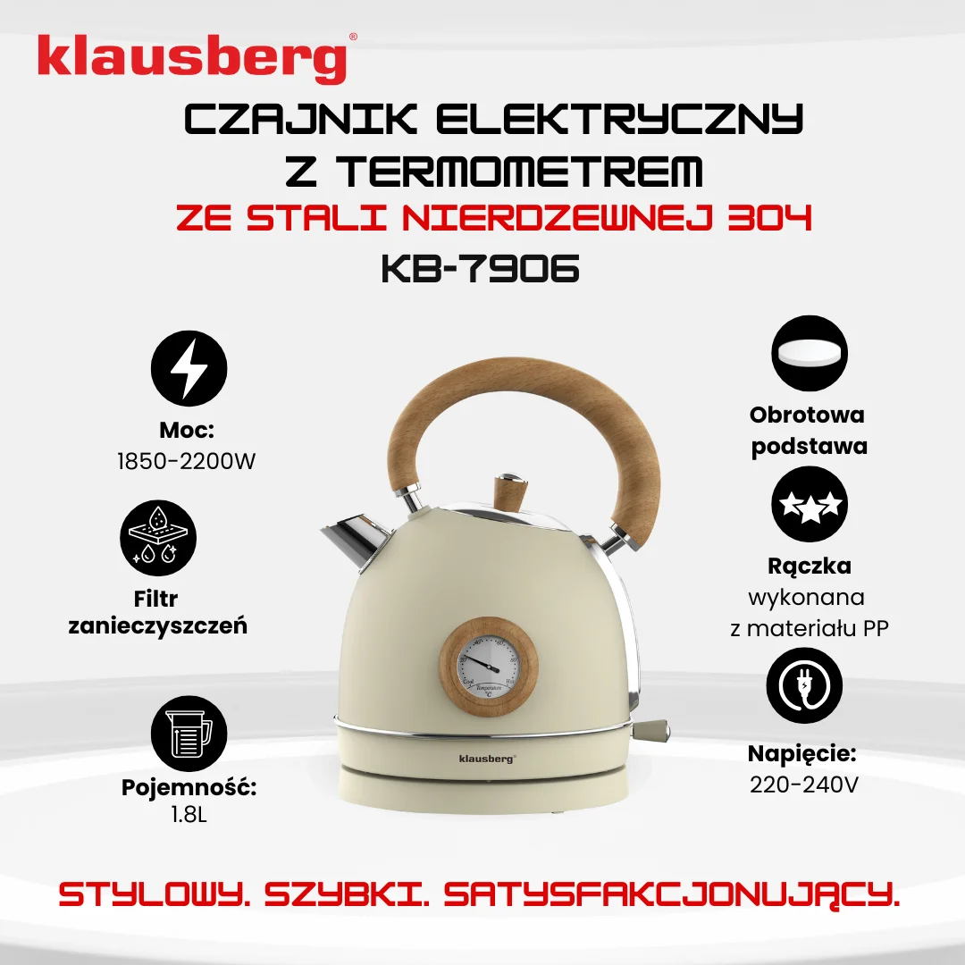 Czajnik elektryczny z termometrem, stal nierdzewna, kremowy, 1,8l, 1850-2200W, Klausberg, KB-7906 — zdjęcie 6