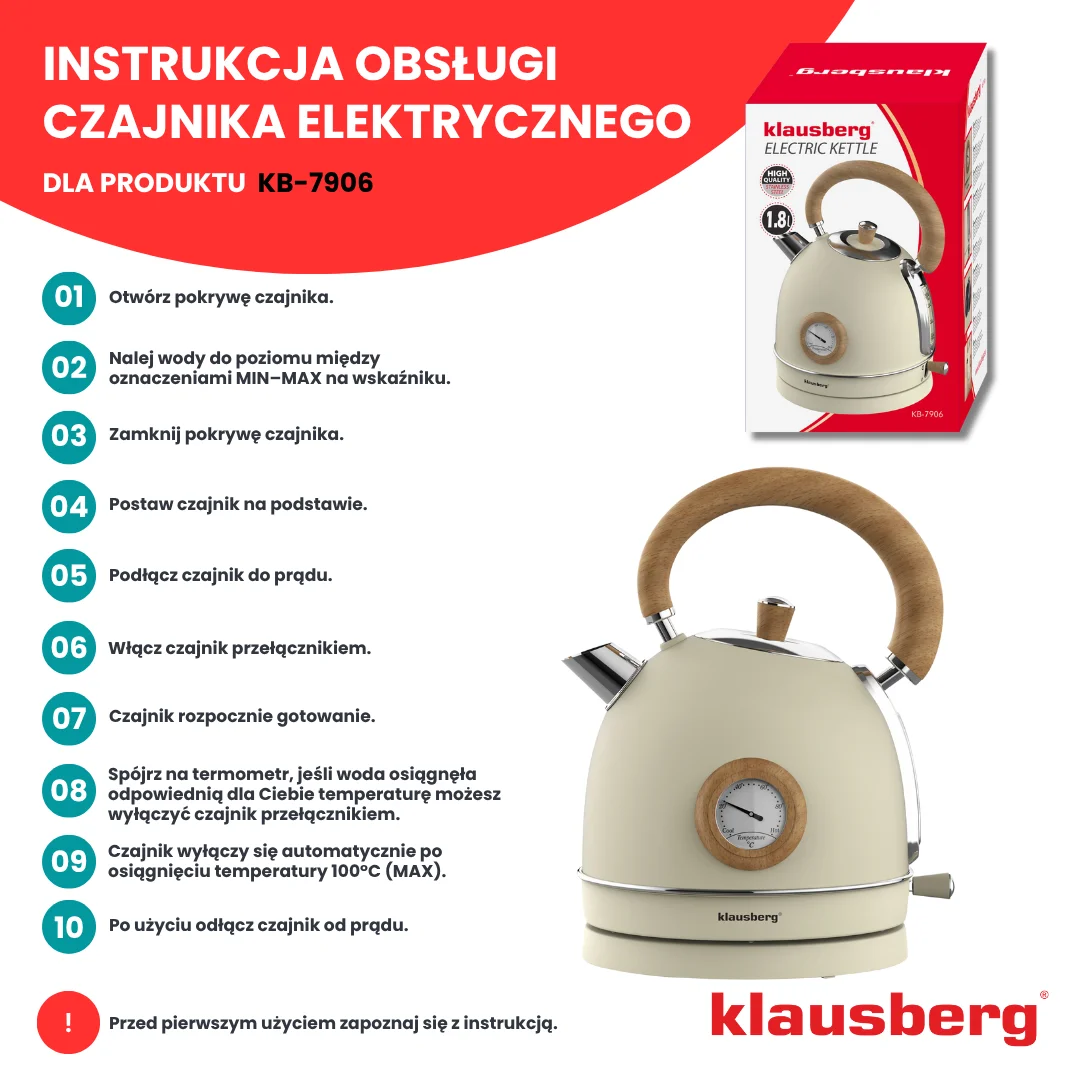 Czajnik elektryczny z termometrem, stal nierdzewna, kremowy, 1,8l, 1850-2200W, Klausberg, KB-7906 — zdjęcie 11