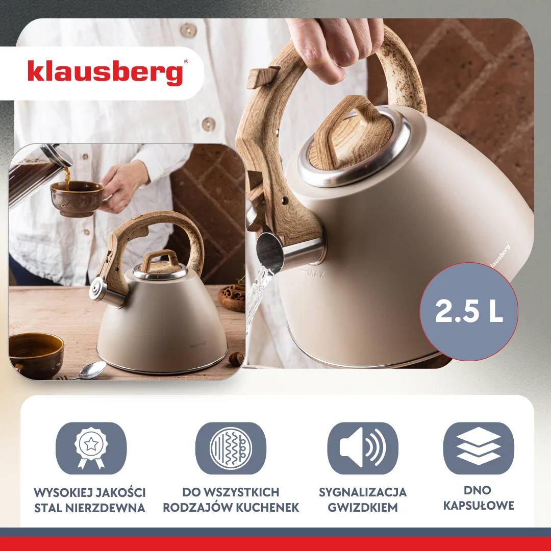Czajnik stalowy 2,5 L beżowy z uchwytem drewnopodobnym, Klausberg KB-7954 — zdjęcie 3