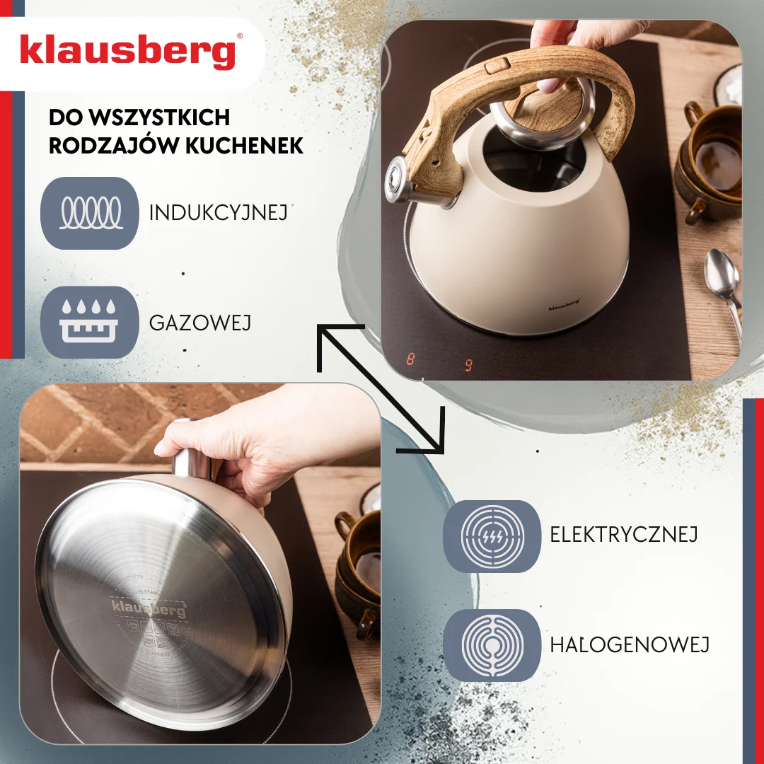 Czajnik stalowy 2,5 L beżowy z uchwytem drewnopodobnym, Klausberg KB-7954 — zdjęcie 6