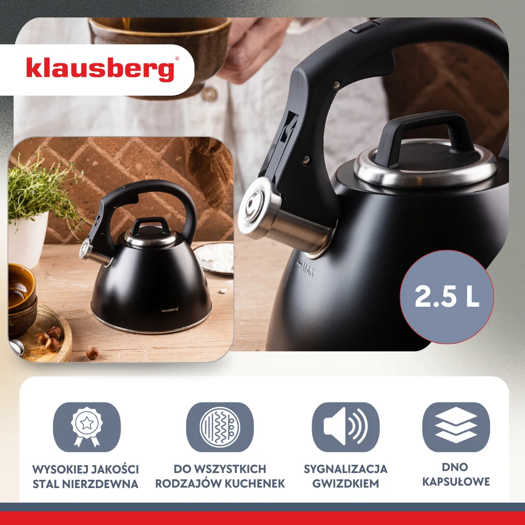 Czajnik stalowy 2,5 L czarny mat z uchwytem Soft-Touch, Klausberg KB-7952 — zdjęcie 4