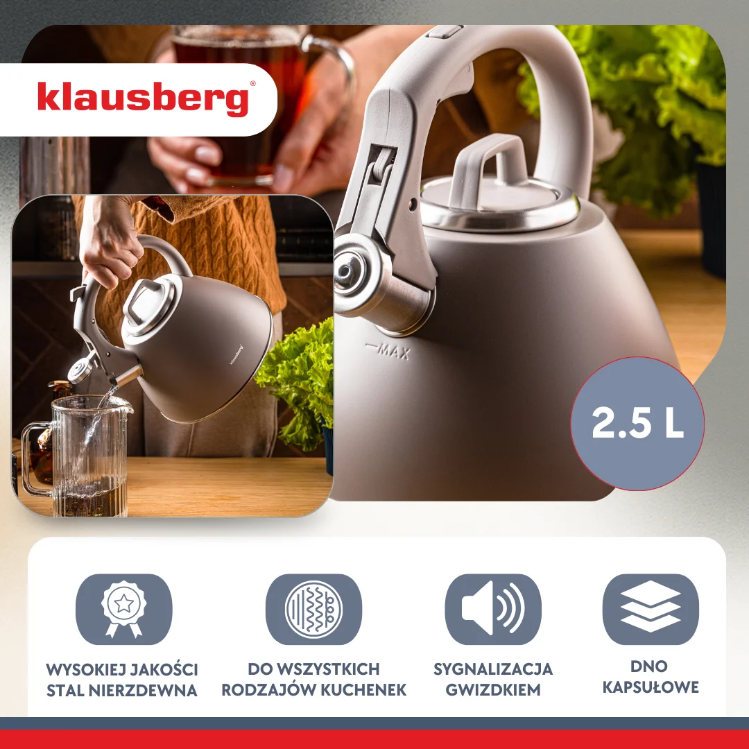 Czajnik stalowy 2,5 L w kolorze szary, Klausberg KB-7953 — zdjęcie 3