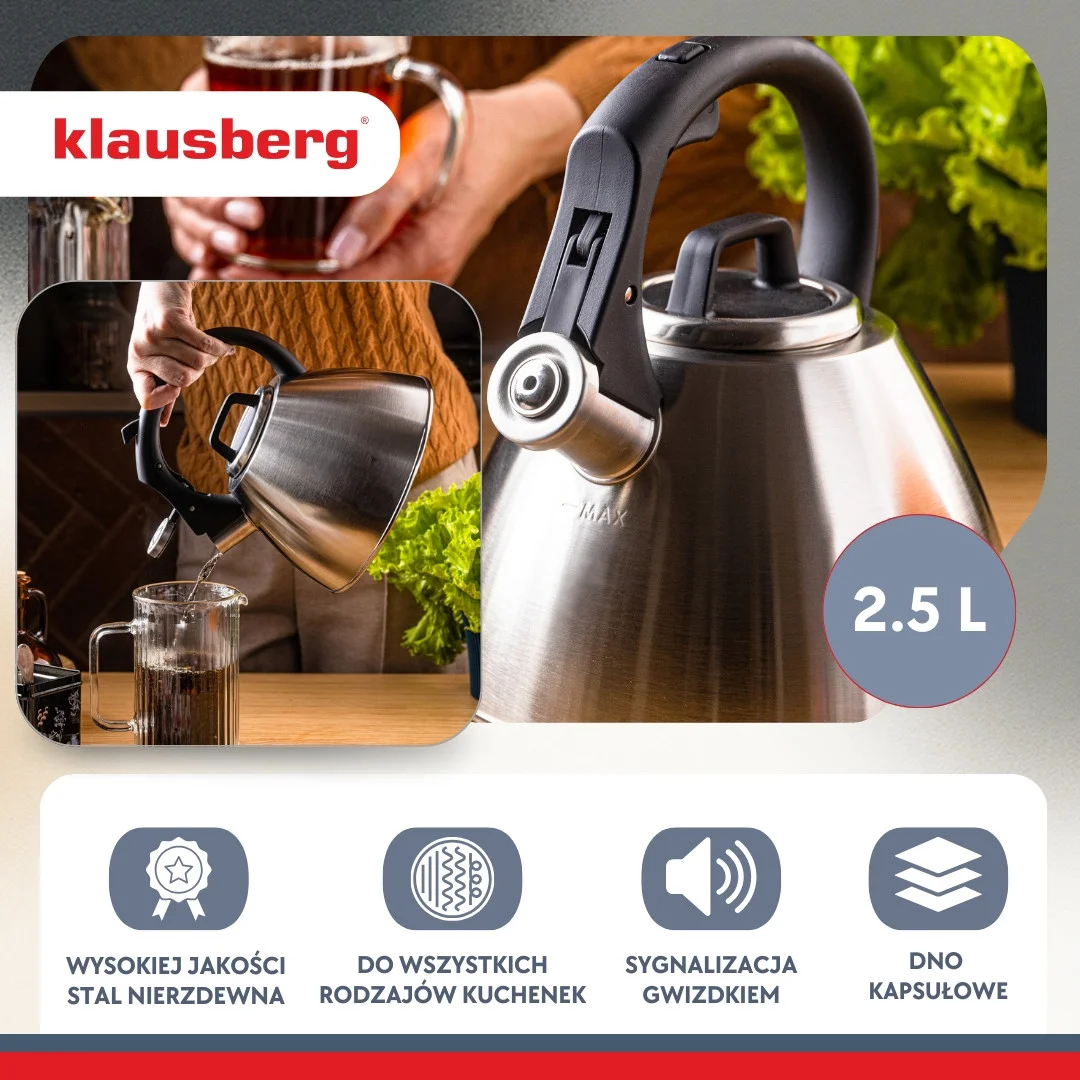 Czajnik stalowy 2,5 L z gwizdkiem i uchwytem Soft-Touch, Klausberg KB-7951 — zdjęcie 3
