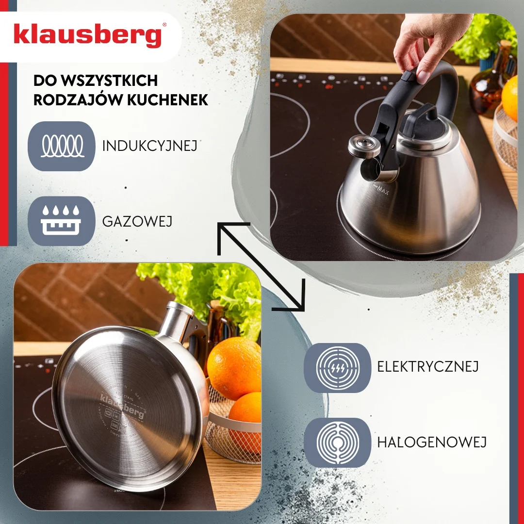 Czajnik stalowy 2,5 L z gwizdkiem i uchwytem Soft-Touch, Klausberg KB-7951 — zdjęcie 6