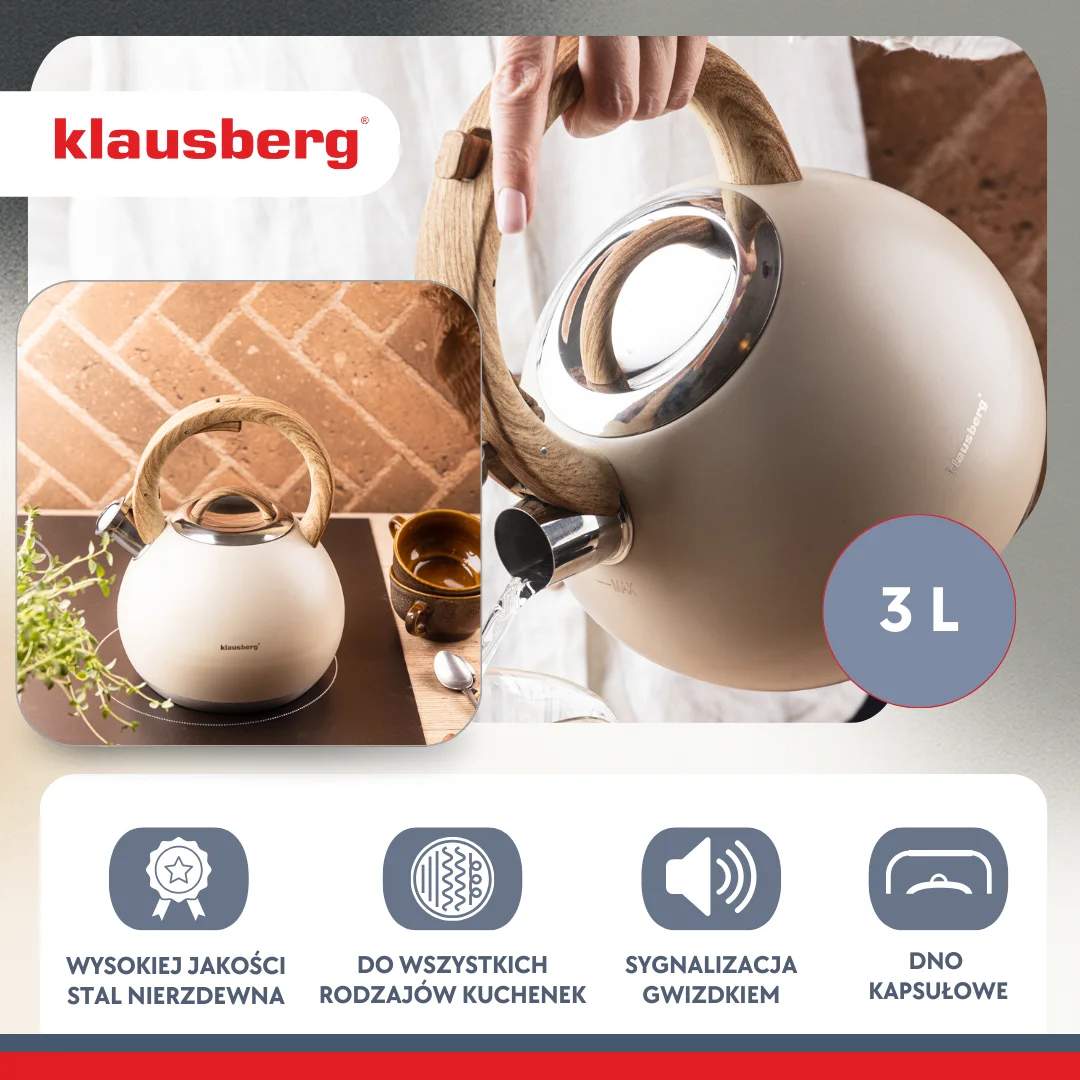 Czajnik stalowy 3 L beżowy mat z uchwytem drewnopodobnym, Klausberg KB-7956 — zdjęcie 3