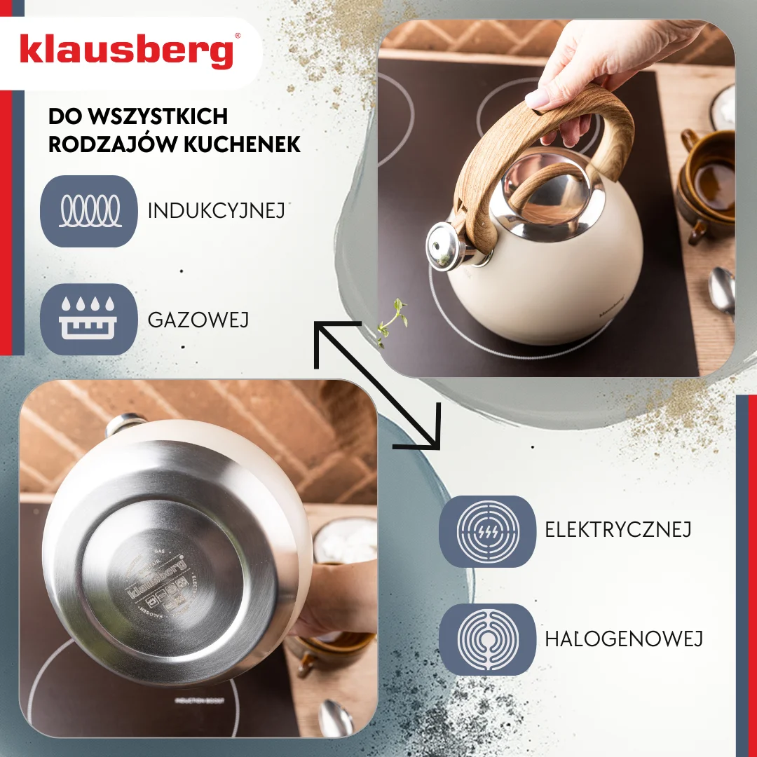 Czajnik stalowy 3 L beżowy mat z uchwytem drewnopodobnym, Klausberg KB-7956 — zdjęcie 4