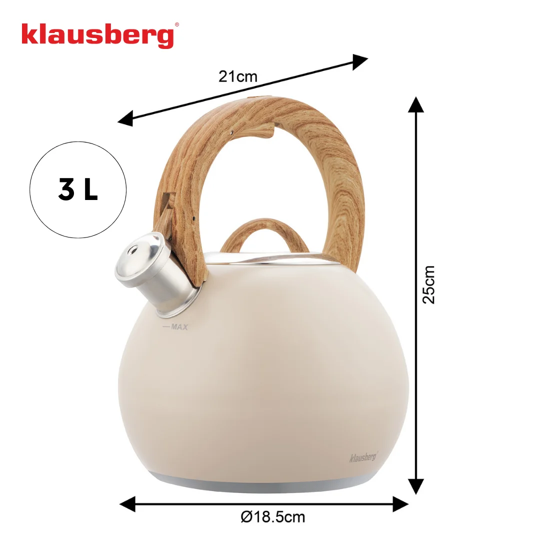 Czajnik stalowy 3 L beżowy mat z uchwytem drewnopodobnym, Klausberg KB-7956 — zdjęcie 7